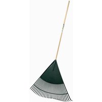 Draper 3083LP Extra Wide Plastic Leaf Rake with green fan-shaped head and long wooden handle.