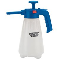 White Draper handheld pump sprayer with blue handle, nozzle, and top, featuring a 2-liter capacity.