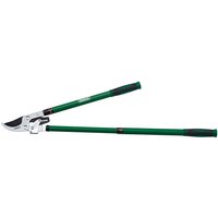 Telescopic ratchet bypass loppers with green steel handles and black grips by Draper.