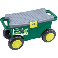 Green Draper Gardener’s Tool Cart and Seat with gray ribbed lid, four black wheels, and yellow wheel centers.