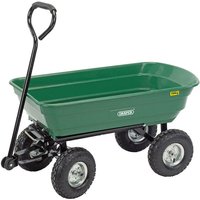 Green Draper GTC Gardeners Tipper Cart with black handle, four large wheels, and sturdy metal frame.