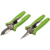 Green-handled Draper pruning shear set with stainless steel blades, featuring a compact 150mm design.