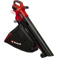Red and black Einhell 18V leaf blower/vac with detachable collection bag and ergonomic handle.
