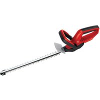 Red and black Einhell cordless hedge trimmer with long silver blade and ergonomic handle.