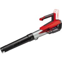Red and black Einhell cordless leaf blower with ergonomic handle and long nozzle, 18V battery slot visible.