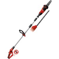 Red and black Einhell cordless multi tool with extendable pole, chainsaw attachment, and hedge trimmer blade.