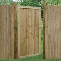 Wooden side garden gate, 3' x 6', featheredge design, pressure treated, natural finish, framed with vertical slats.