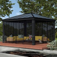 Black mesh netting set for Dallas 4900 gazebo, covering a dark metal frame with a pitched roof on a wooden deck.