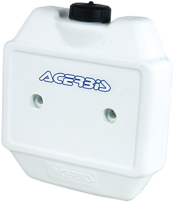White Acerbis front fuel tank with a 3-liter capacity, featuring a black screw cap and two mounting holes, designed for men’s use.