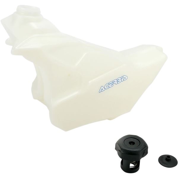 Silver Acerbis KTM EXC fuel tank for 2008-2011 models, 11 liters capacity, made of durable plastic, featuring a sleek design and includes a black cap and fitting.
