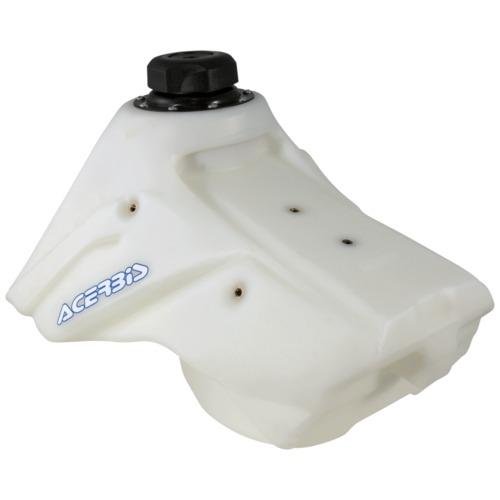 Clear plastic fuel tank for Kawasaki KXF250 (2009-2010), featuring a black cap, ergonomic design, and Acerbis branding in blue. Capacity: 14 liters.