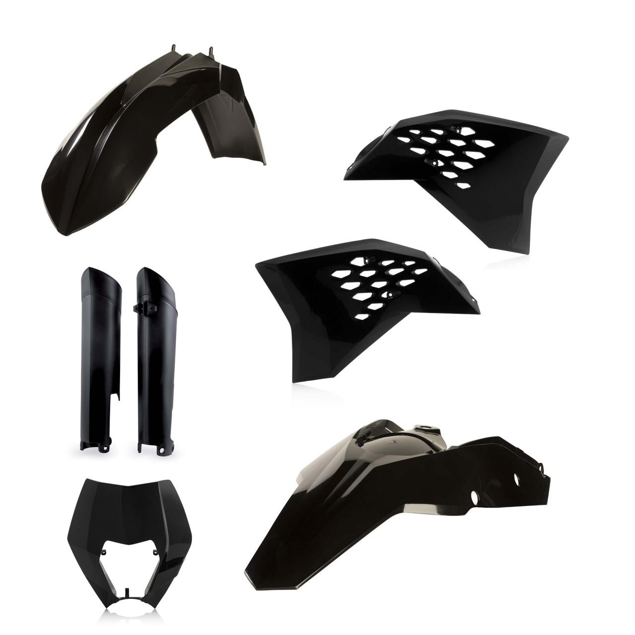 Black full plastics kit for KTM EXC models (125/200/250/300/380 & EXC-F 250/350/400/500, 2008-11) featuring various body panels made from durable plastic.