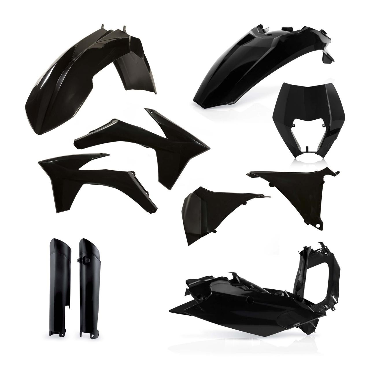 Black plastic full plastics kit for KTM EXC/EXC-F models 125-540 (2012-2013), featuring multiple panels including fenders, side panels, and a front number plate.