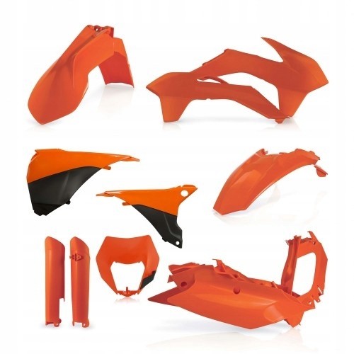 Acerbis Full Plastics Kit in vibrant orange for KTM EXC/EXC-F models 125-540 (2014-15), featuring durable plastic components including fenders, side panels, and a front number plate.