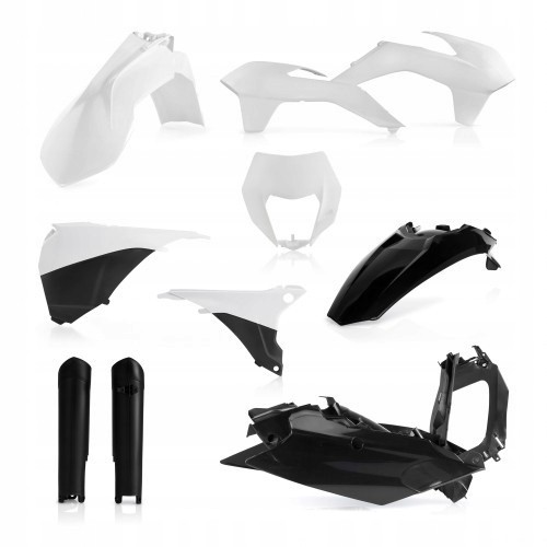 Full Enduro plastics kit in white and black for KTM EXC models, featuring various body panels including fenders, side panels, and a front number plate, made from durable plastic.