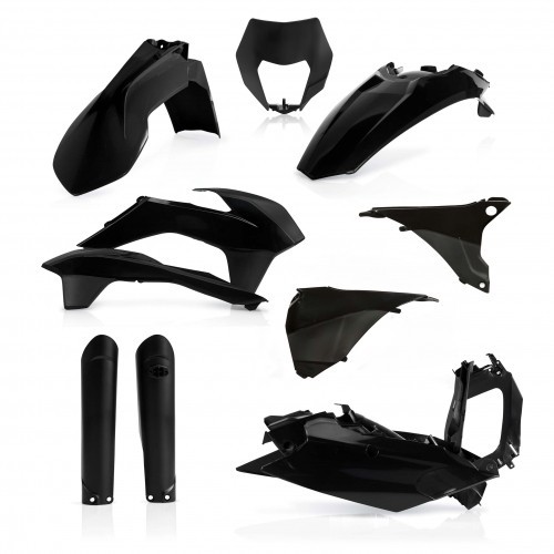 Acerbis Full Plastics Kit for KTM EXC/EXC-F in black, featuring various plastic components including fenders, side panels, and a front number plate, designed for 2016 models.