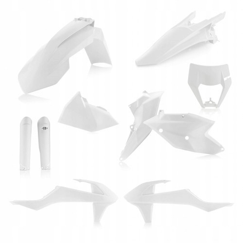 Acerbis Full Enduro Plastics Kit in white, featuring various motorcycle body parts including fenders, side panels, and a front number plate, designed for KTM EXC-F and XC-W TPI models from 2017-2019.