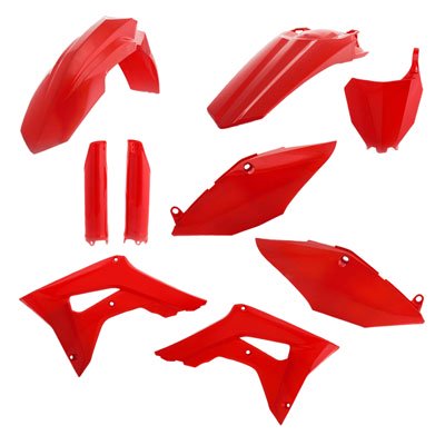 Acerbis Full Plastics Kit in vibrant red, featuring multiple components including fenders, side panels, and shrouds, designed for Honda CRF250R 2018 and CRF450R 2017-18 models.