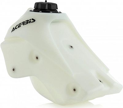 Clear plastic fuel tank designed for Kawasaki KXF250 models from 2017 to 2020, featuring a black cap and Acerbis logo, with a capacity of 11 liters.