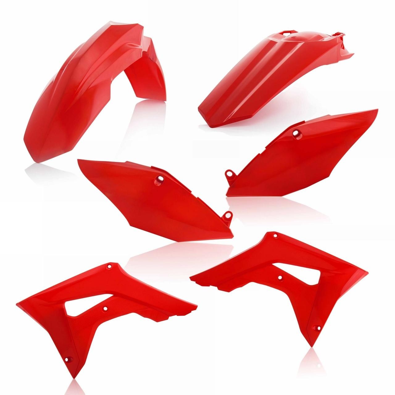 Acerbis Full Plastics Kit for Honda CRF250R 2019 in vibrant red, featuring a front fender, side panels, and rear fender, all made from durable plastic for off-road performance.