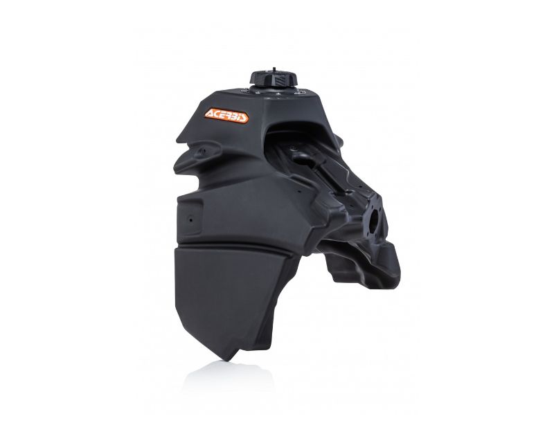 Black Acerbis complete fuel tank for KTM models, featuring a sleek design, durable plastic material, and a 12L capacity, suitable for various 2020-2023 EXC and XC-W models.