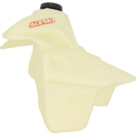 Clear plastic fuel tank by Acerbis, designed for KTM SX 125/250/300 and SXF 250/350/450 models from 2023, featuring a distinctive shape and a black cap.
