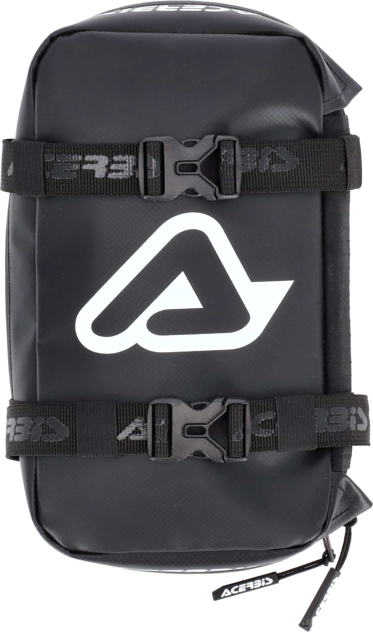 Black Acerbis tool bag with a large white logo, featuring adjustable straps and a durable material, designed for easy attachment to a fender.