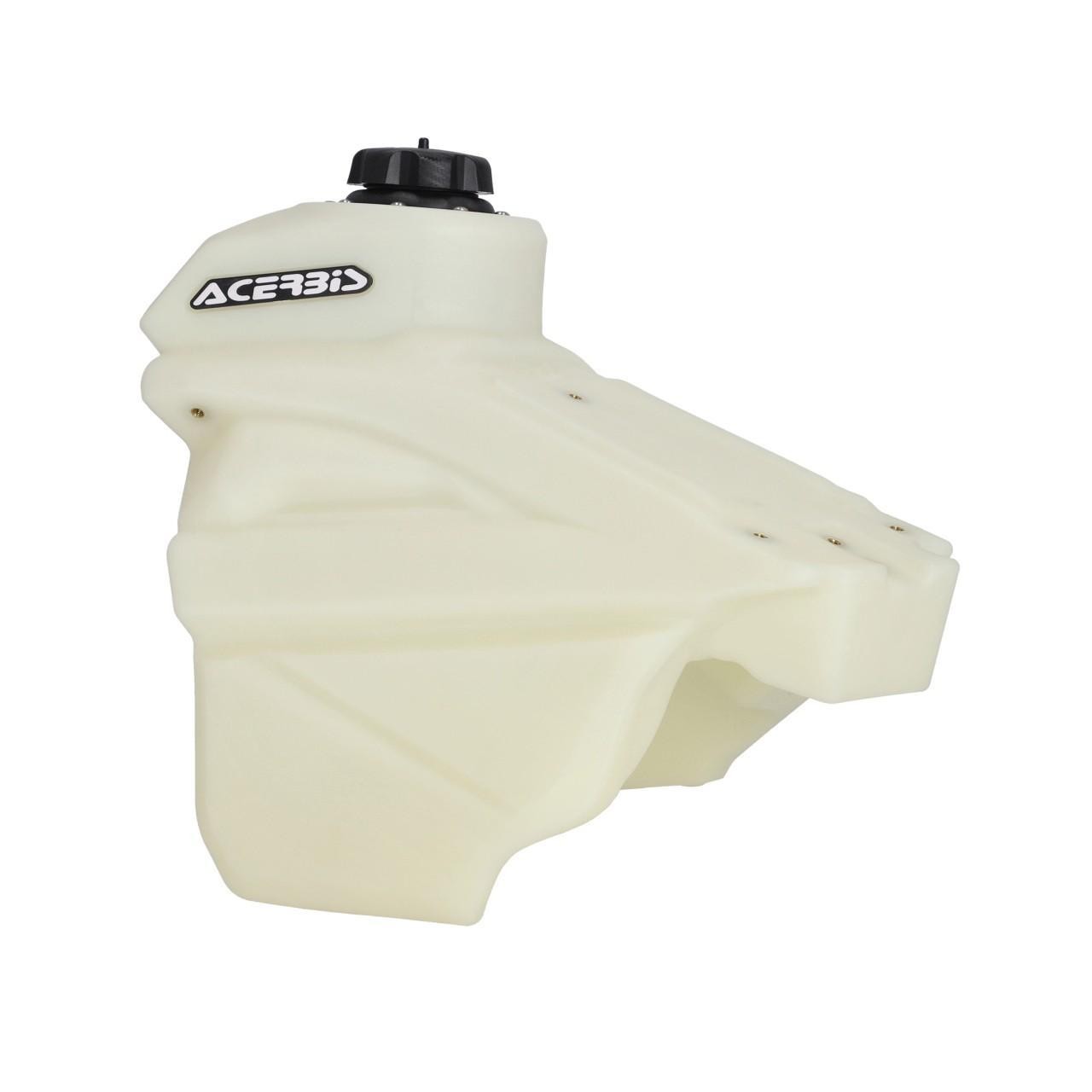 Clear plastic fuel tank designed for Beta RR 350/390/430/480 models (2020-2024), featuring a black cap and Acerbis branding on the side. Holds 13 liters.