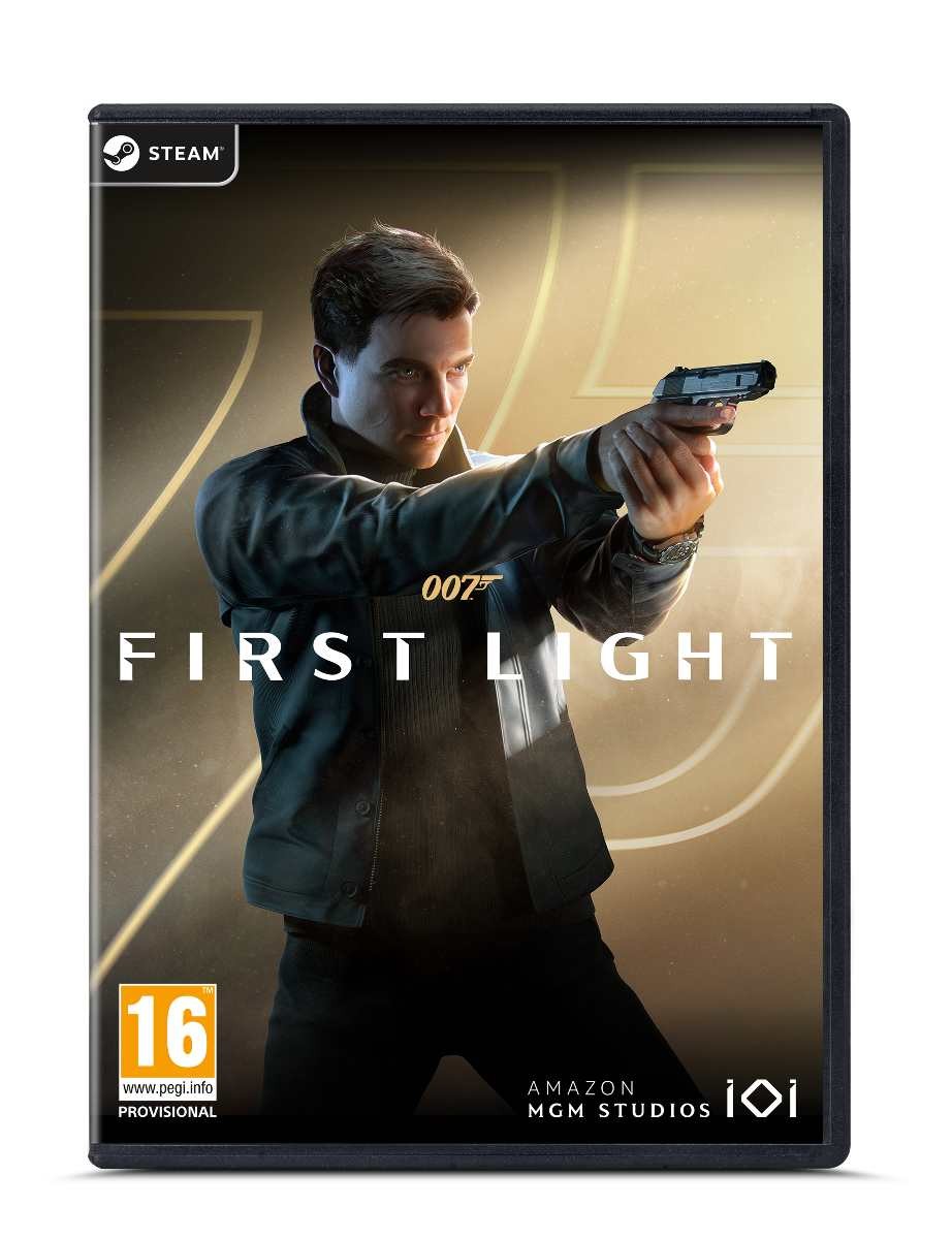 The PC game "007 First Light" features a male character in a black jacket holding a gun, with a sleek design and a prominent golden "007" logo on the cover.