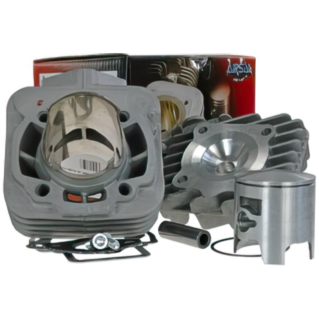 Airsal Cylinder Kit for Derbi Atlantis 50, featuring a gray aluminum cylinder, piston, and gaskets, packaged in a red and black box with branding.