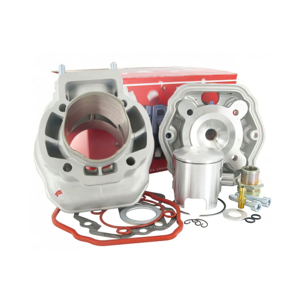 Airsal cylinder kit for Derbi Atlantis 50 LC, featuring a silver aluminum cylinder, head, piston, gaskets, and various seals, all in a red and white branded box.