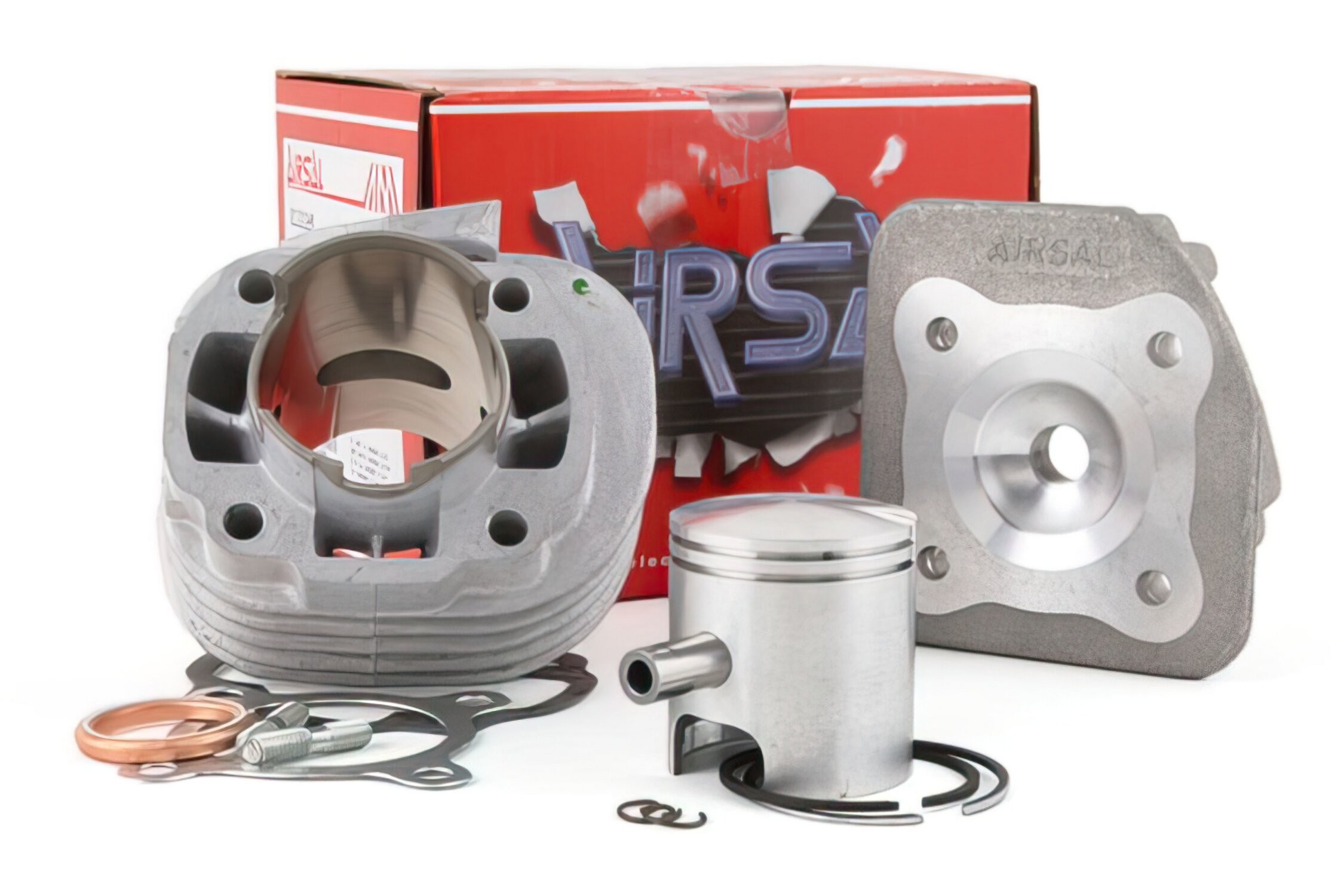 Airsal Cylinder Kit for Beta ARK 50 AC, featuring a silver aluminum cylinder, piston, gaskets, and a red box with the Airsal logo, designed for 65cc engines from 2010-2013.