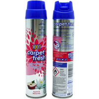 1001 Carpet Fresh spray, Apple & Waterlily scent, 300ml, pink and blue can with floral design and apple image.