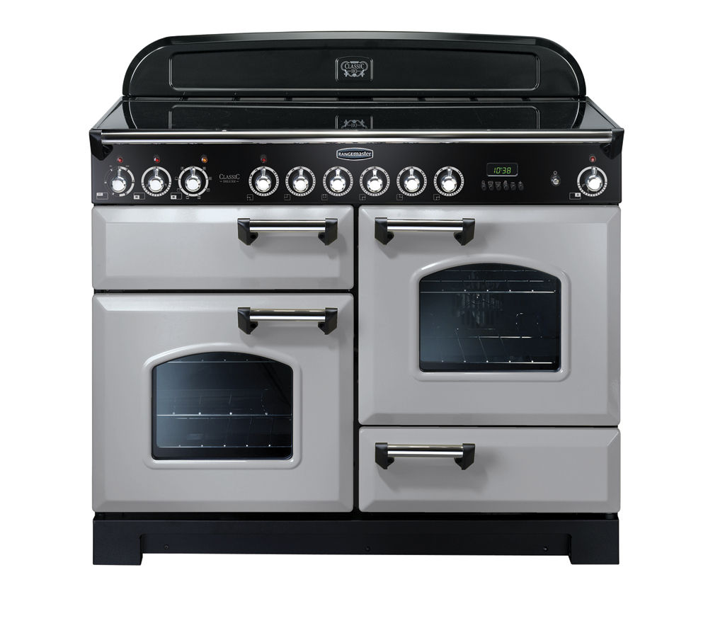 Classic Deluxe 110cm ceramic range cooker in Royal Pearl with chrome trim, featuring dual ovens, five gas burners, and a sleek black control panel with chrome knobs.