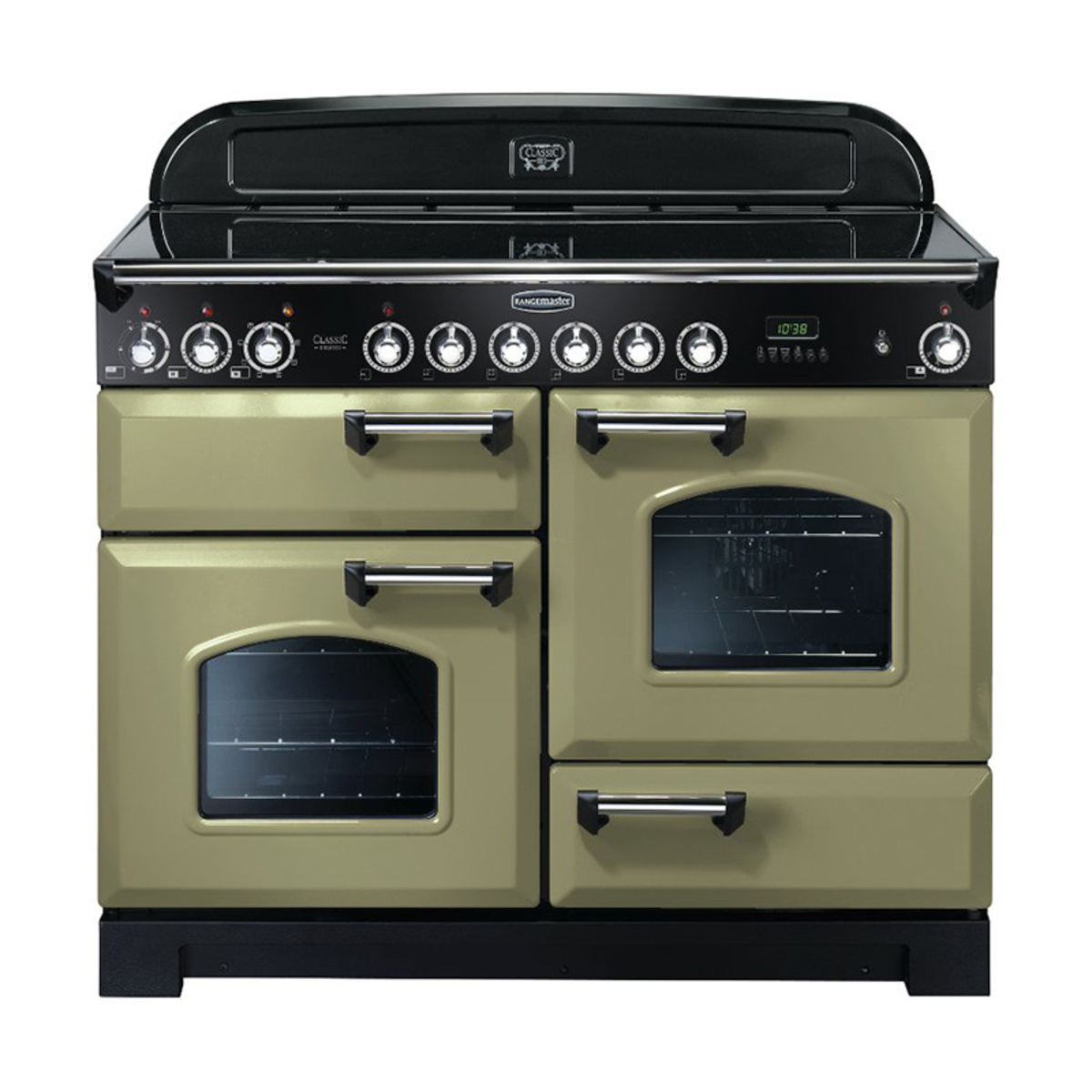 Classic Deluxe 110cm ceramic range cooker in olive green with chrome trim, featuring four burners, two ovens with glass doors, and a digital display.