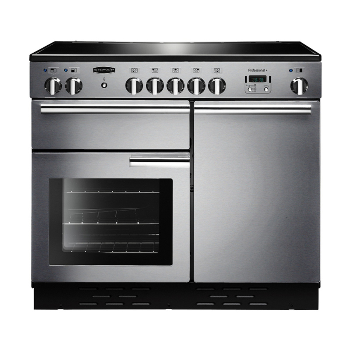 Stainless steel 112350 PROFESSIONAL Plus 100cm ceramic range cooker featuring chrome trim, five control knobs, digital display, and a large glass oven door.
