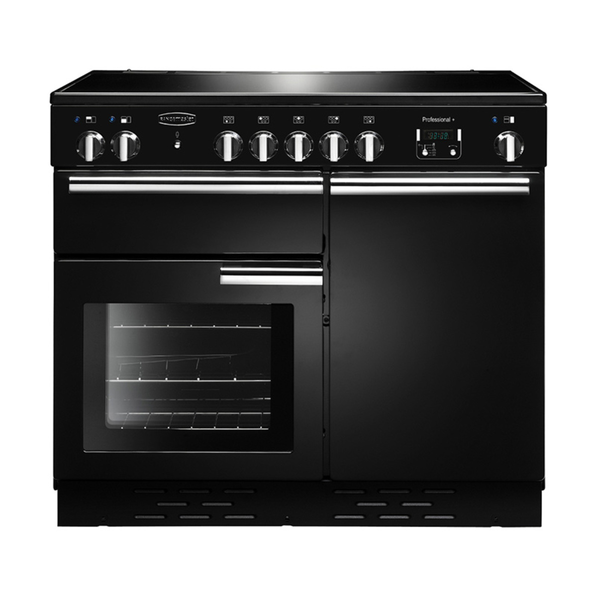 Black Rangemaster PROP100ECBLC Professional Plus 100cm electric range cooker featuring six control knobs, a digital display, and a large glass oven door.