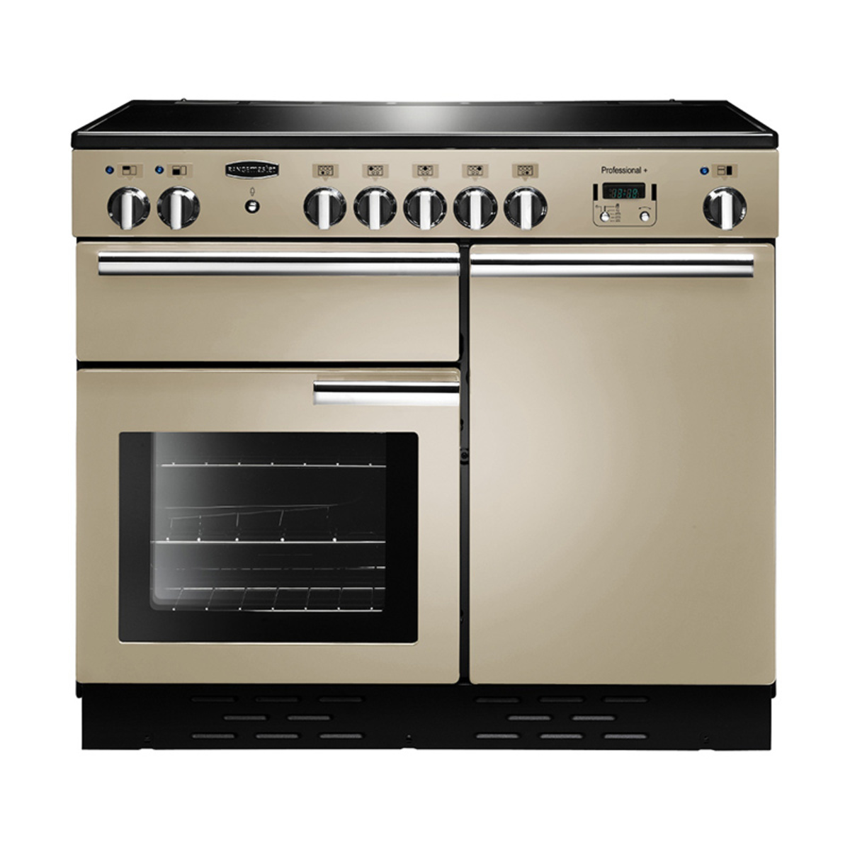 Cream ceramic range cooker with chrome trim, featuring six control knobs, a digital display, and a large oven with a glass door and wire rack inside.
