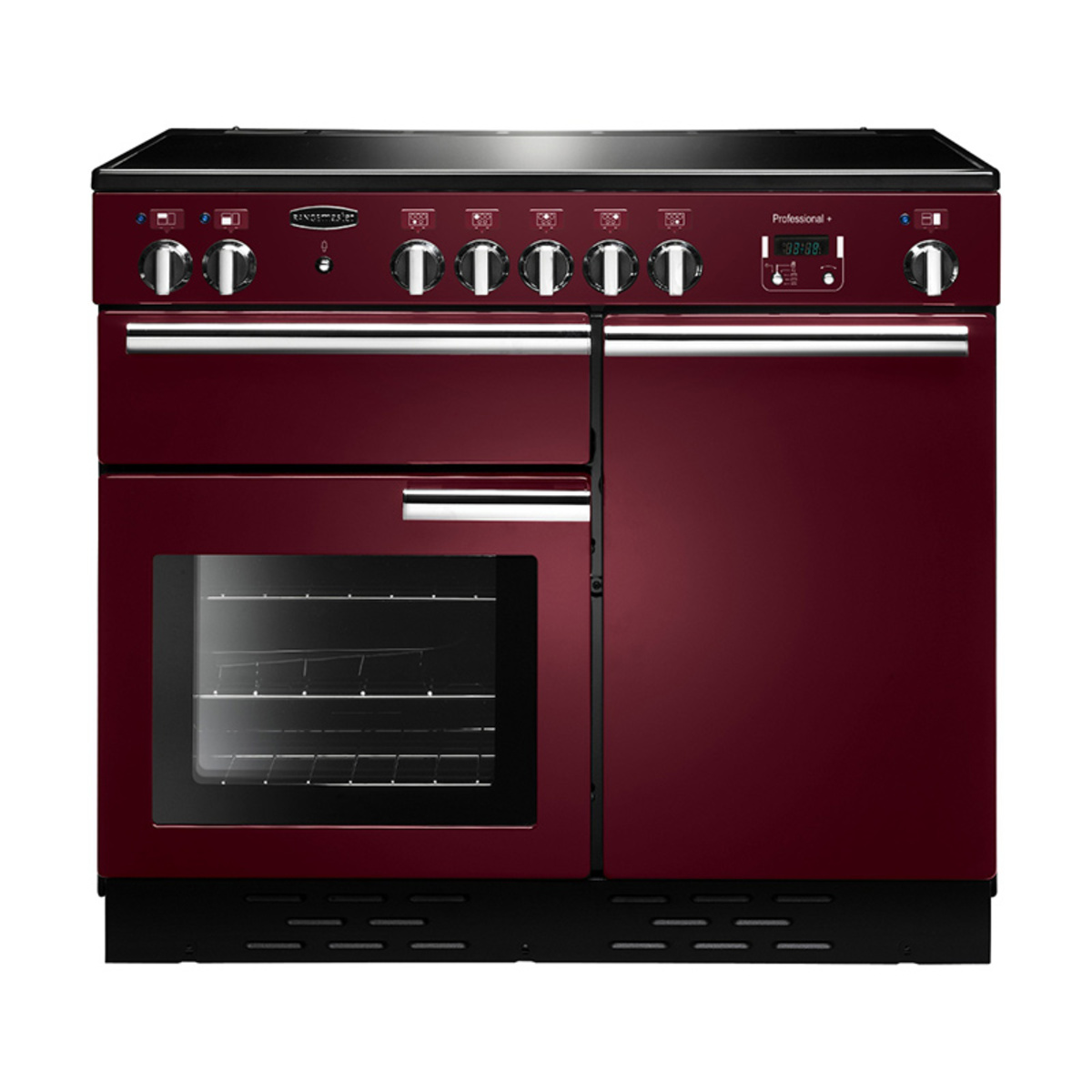 Professional Plus 100cm ceramic range cooker in cranberry with chrome trim, featuring five knobs, a digital display, and a large glass oven door.