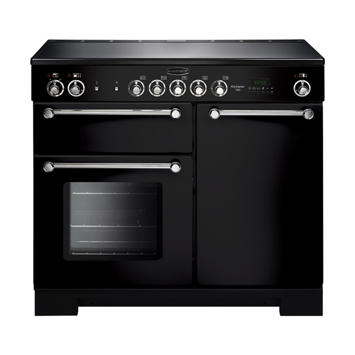 Black ceramic range cooker with chrome trim, featuring two ovens, five knobs, a digital display, and a sleek design, ideal for modern kitchens.
