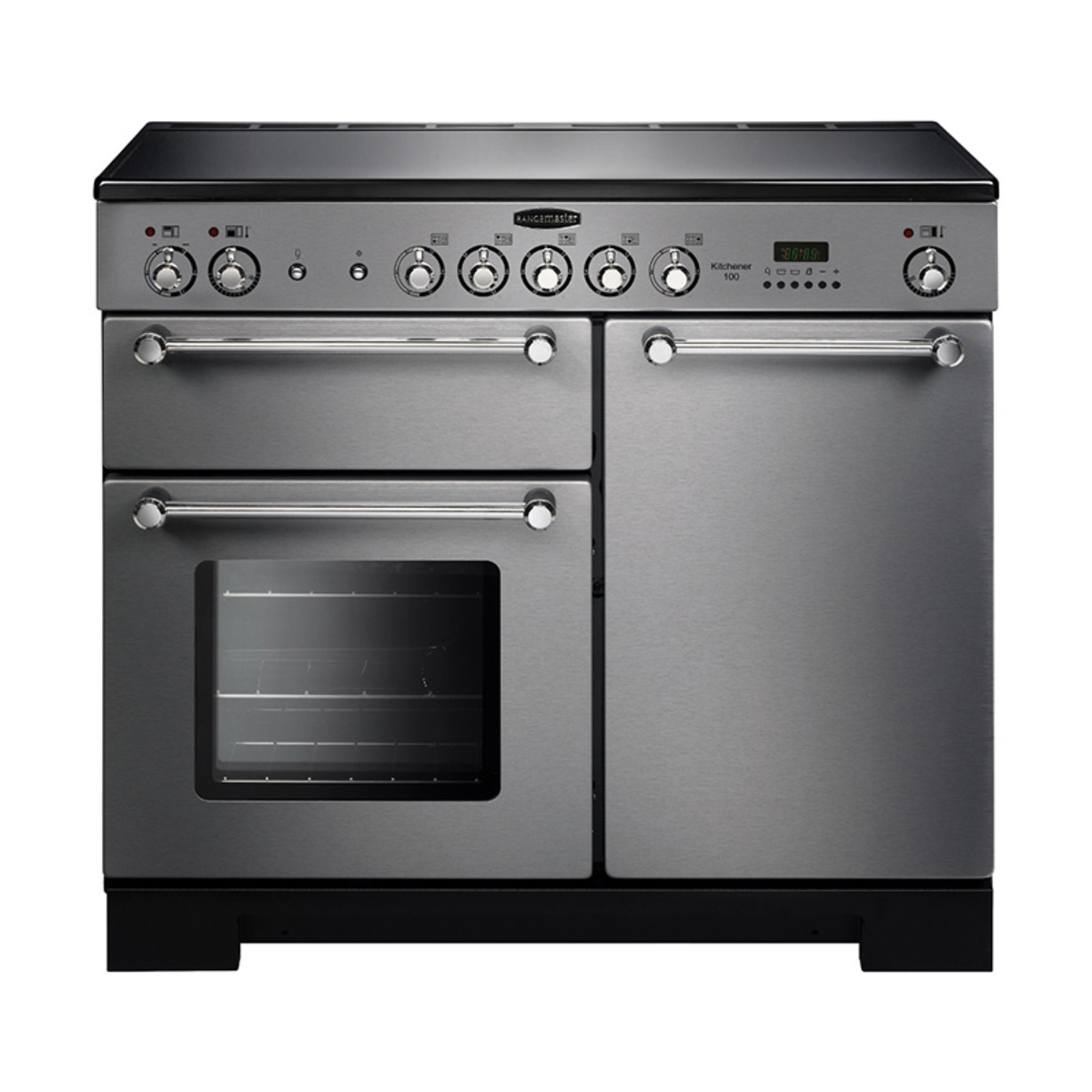 Stainless steel Rangemaster KCH100ECSSC Kitchener 100cm electric range cooker featuring four burners, two ovens, and control knobs on the front panel.
