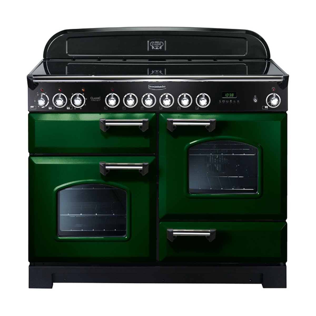 Classic Deluxe 110cm ceramic range cooker in racing green with chrome trim, featuring four ovens, a black control panel, and multiple knobs for precise cooking.
