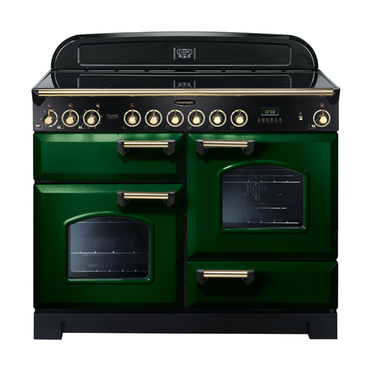 Classic Deluxe 110cm ceramic range cooker in racing green with brass trim, featuring two ovens, five control knobs, and a sleek black top.