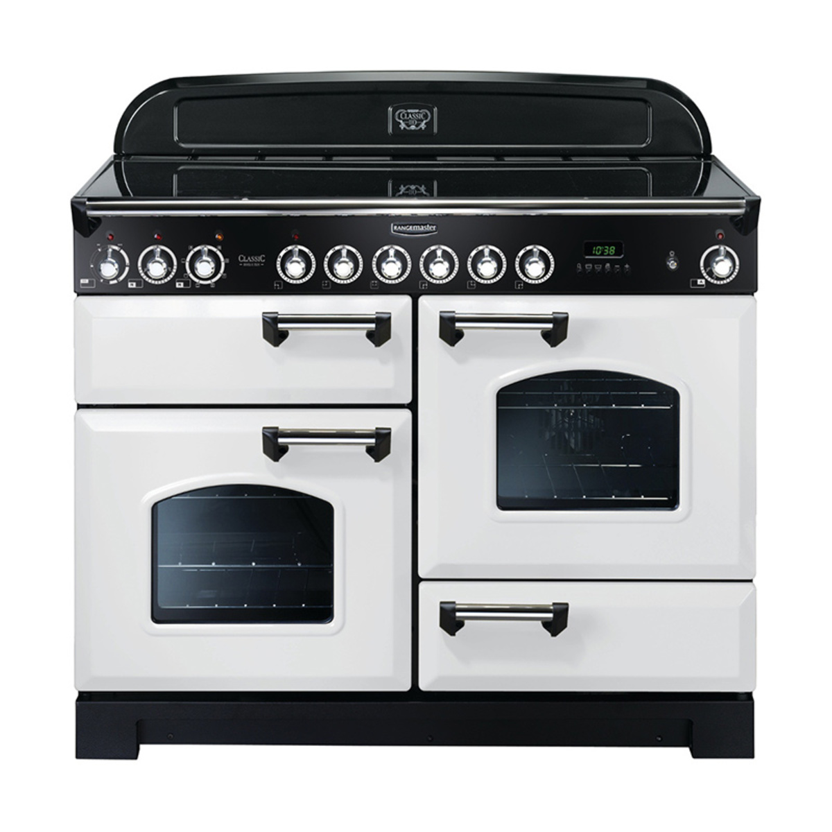 Classic Deluxe 110cm ceramic range cooker in white with chrome trim, featuring four knobs, dual ovens with glass doors, and a sleek black control panel.