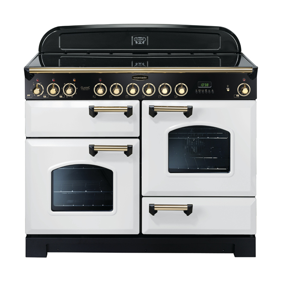 Classic Deluxe 110cm ceramic range cooker in white with brass trim, featuring four hobs, two ovens with glass doors, and a digital display.