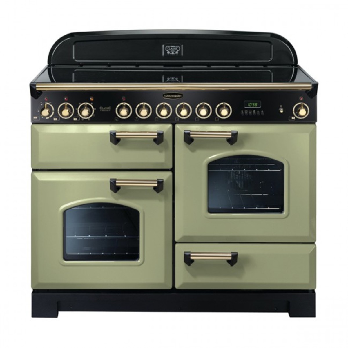 Classic Deluxe 110cm ceramic range cooker in olive green with brass trim, featuring four burners, two ovens, and a sleek black control panel with brass knobs.