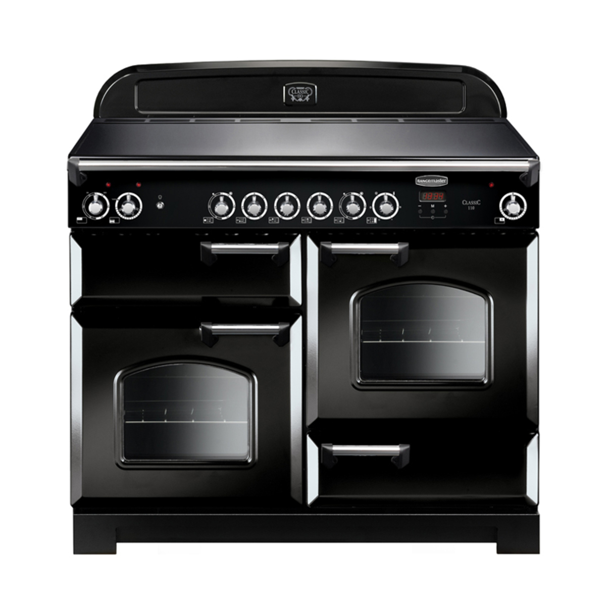 Classic 110cm ceramic range cooker in black with chrome trim, featuring six control knobs, two ovens with glass doors, and a sleek, modern design.