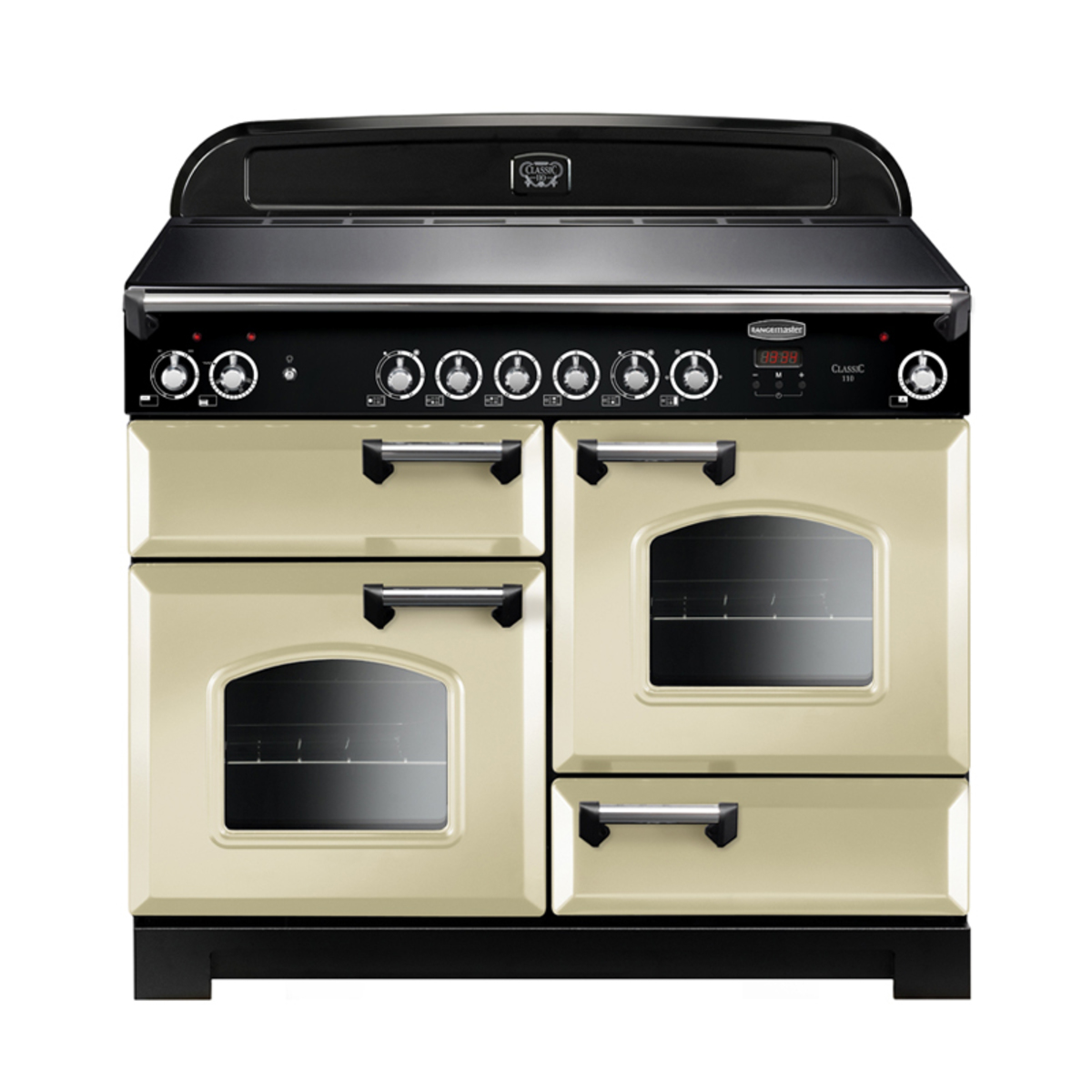 Classic cream ceramic range cooker with a black top, featuring five control knobs, two ovens with glass doors, and a sleek design, measuring 110cm wide.