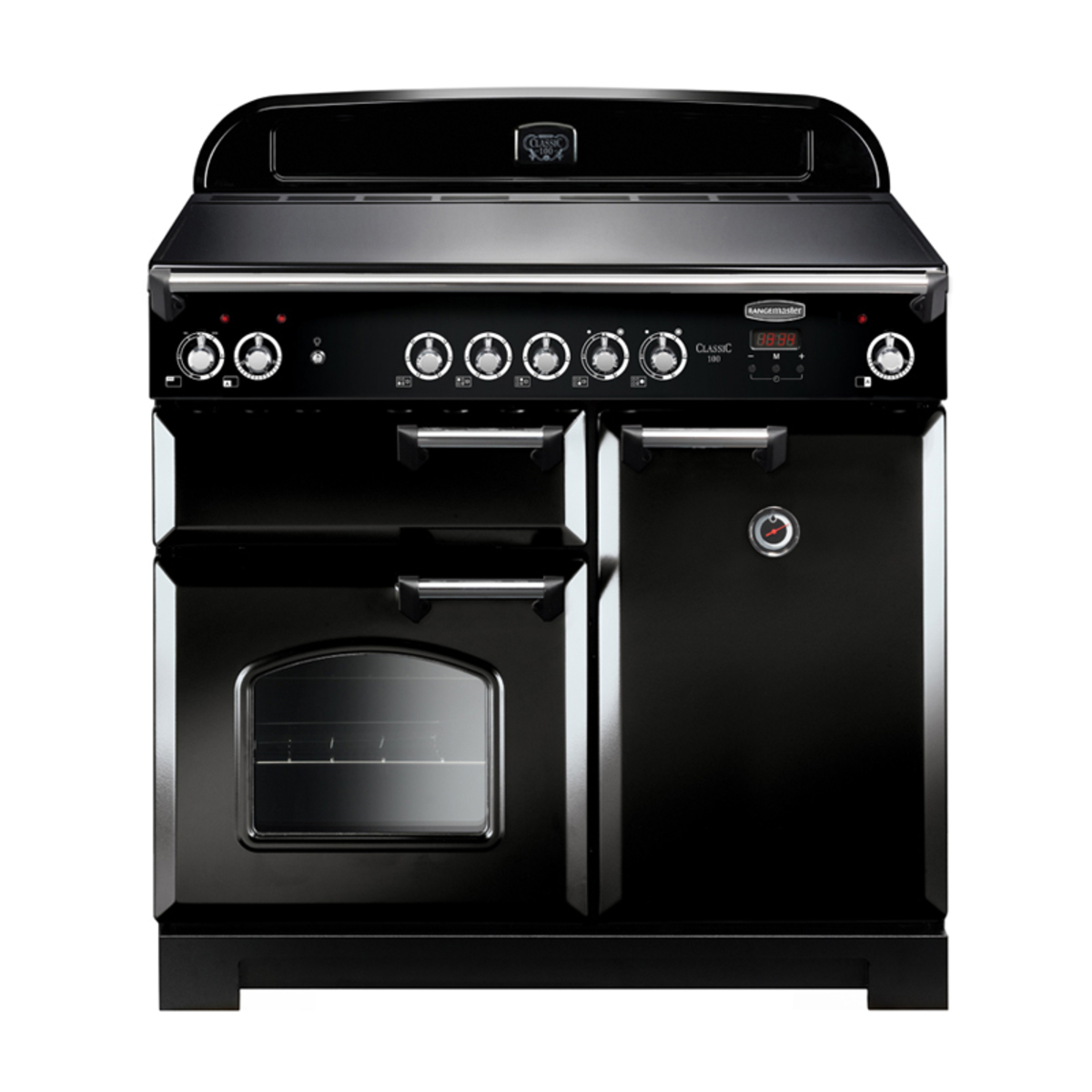 Classic 100cm ceramic range cooker in black with chrome trim, featuring five control knobs, a digital display, and a large oven with a viewing window.