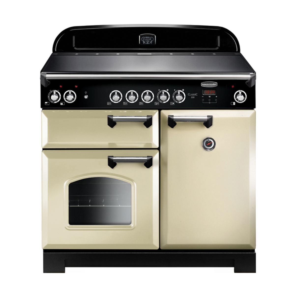 Classic 100cm ceramic range cooker in cream with chrome trim, featuring two ovens, five control knobs, and a sleek black top.